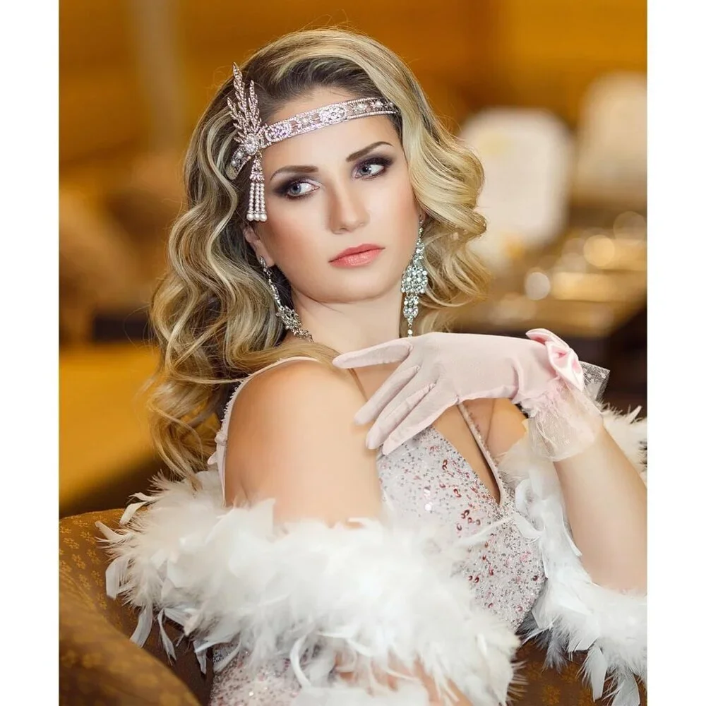Women's Bow Lace Short Gloves Light Pink Princess Wedding Evening Accessories
